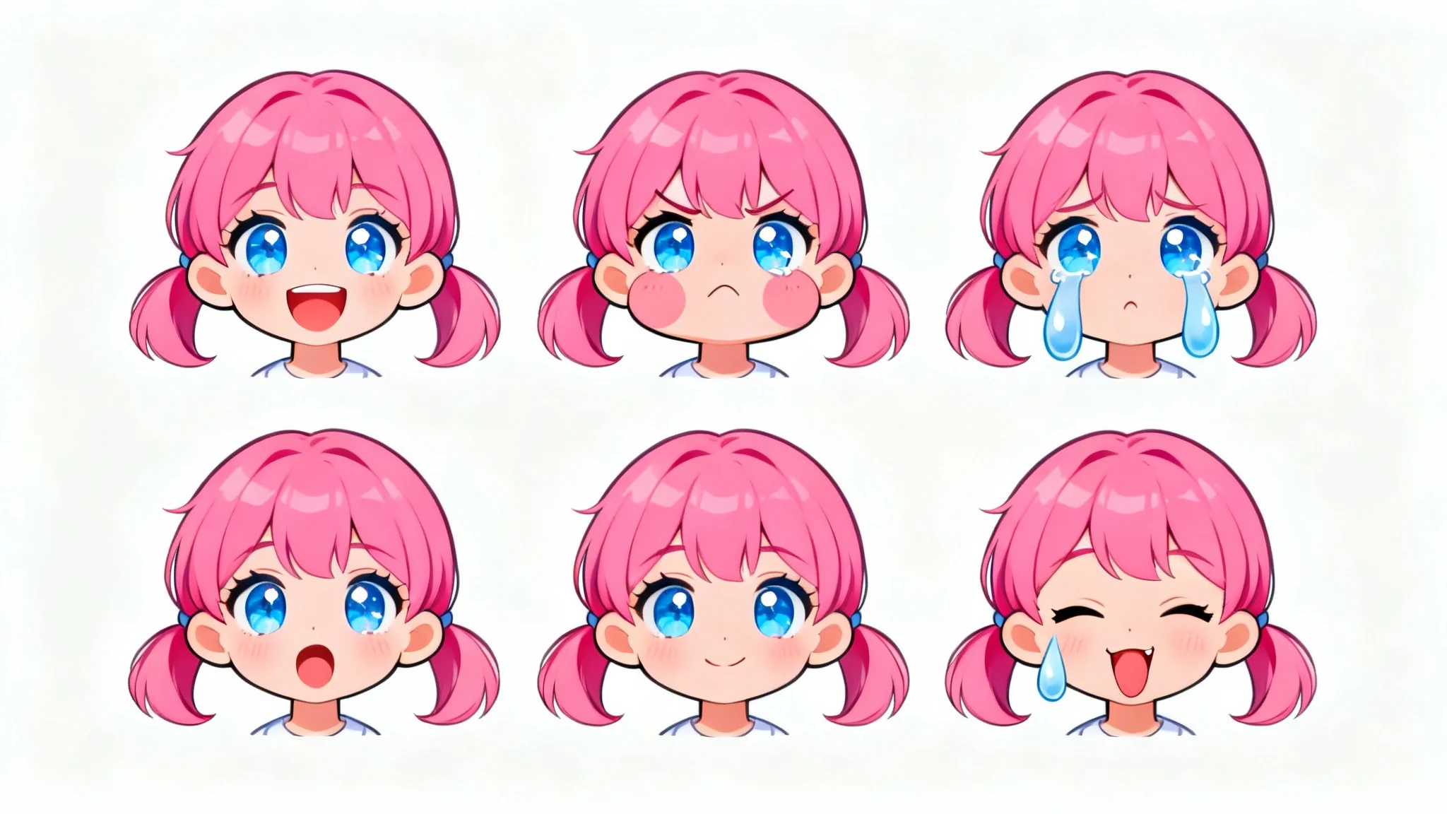 A character expression sheet of a cute chibi girl with pink hair, displaying six different emotions: happy, angry, sad, shocked, shy, and mischievous, presented in a grid on a white background.