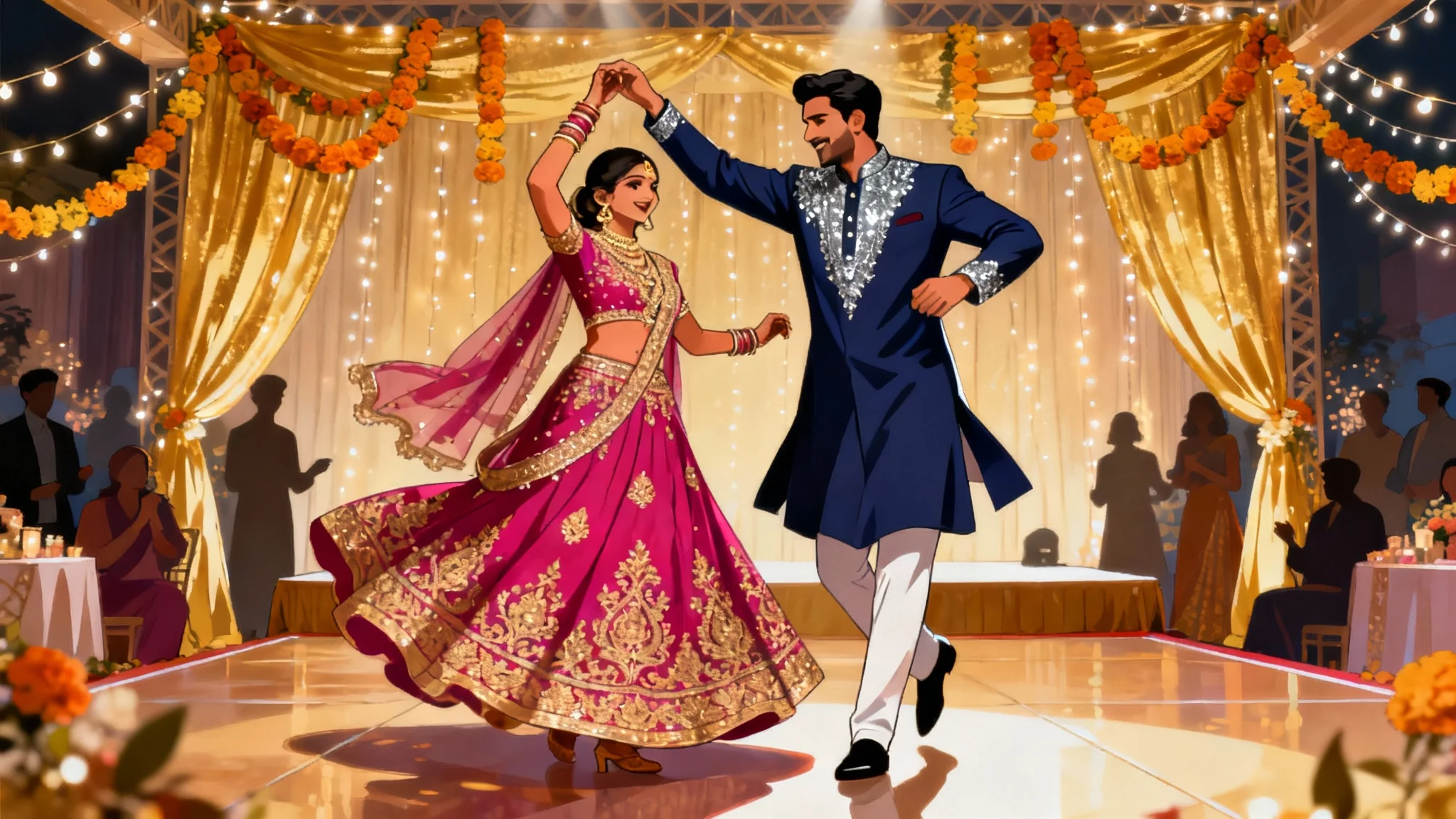 An elegant illustration depicting an Indian Sangeet ceremony, with a bride and groom in traditional attire dancing joyfully on a decorated stage.