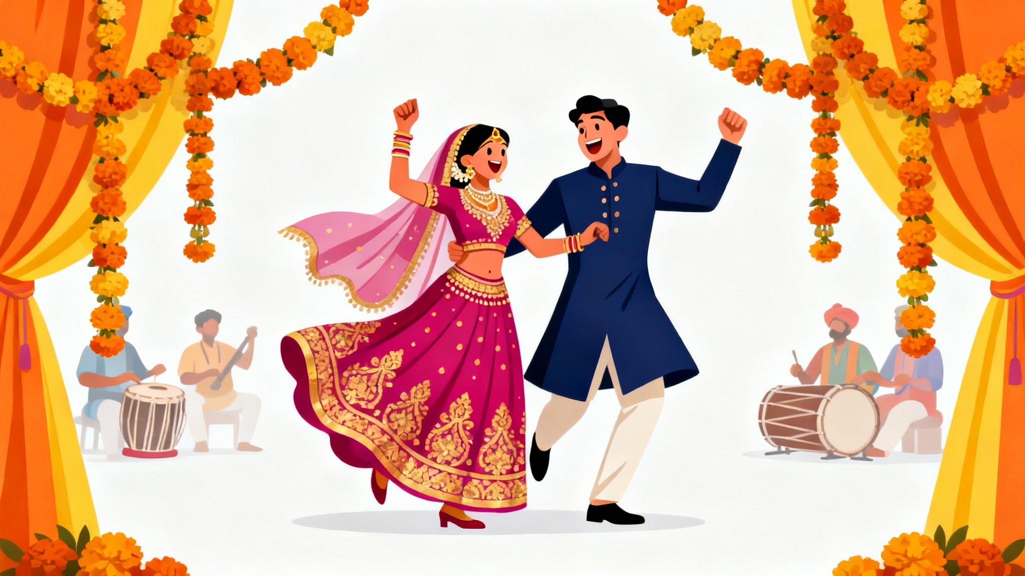 A colorful, modern illustration of an Indian couple dancing joyfully at a Sangeet ceremony, surrounded by festive decorations, set against a plain white background.