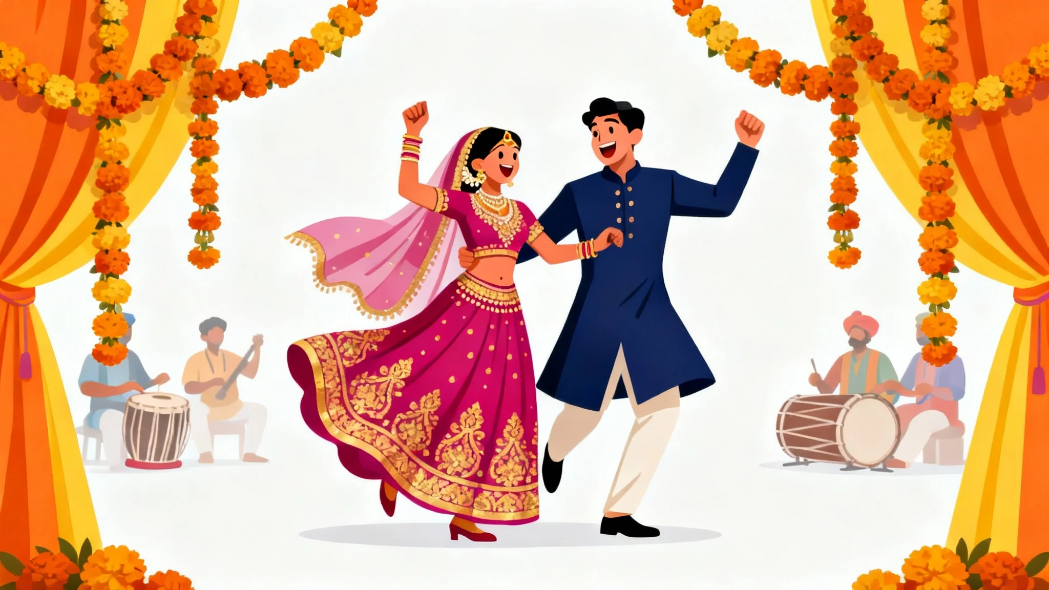 A colorful, modern illustration of an Indian couple dancing joyfully at a Sangeet ceremony, surrounded by festive decorations, set against a plain white background.
