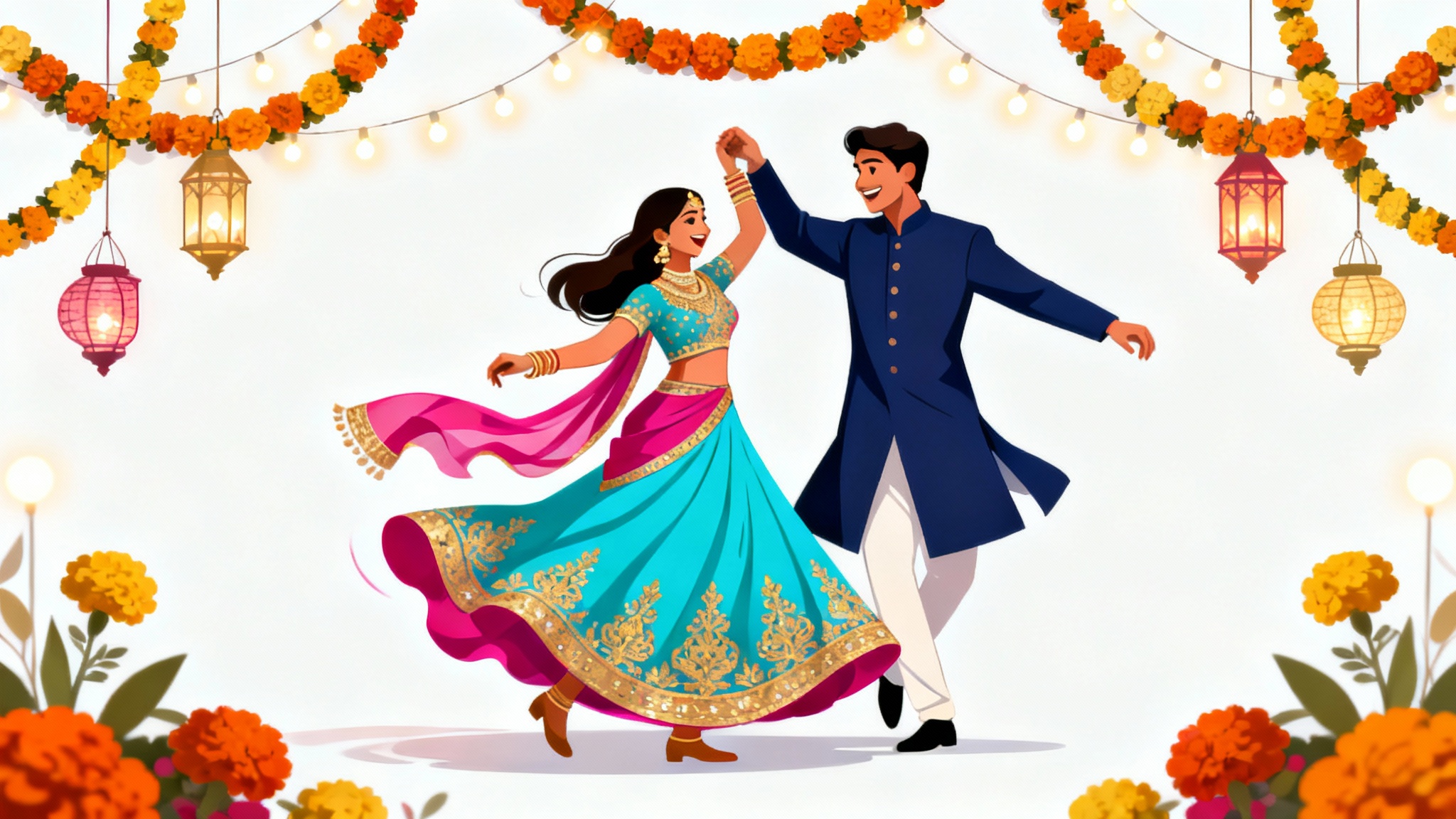 A vibrant digital illustration of an Indian couple in traditional attire joyfully dancing at their Sangeet ceremony, surrounded by festive decorations like marigolds and lights.