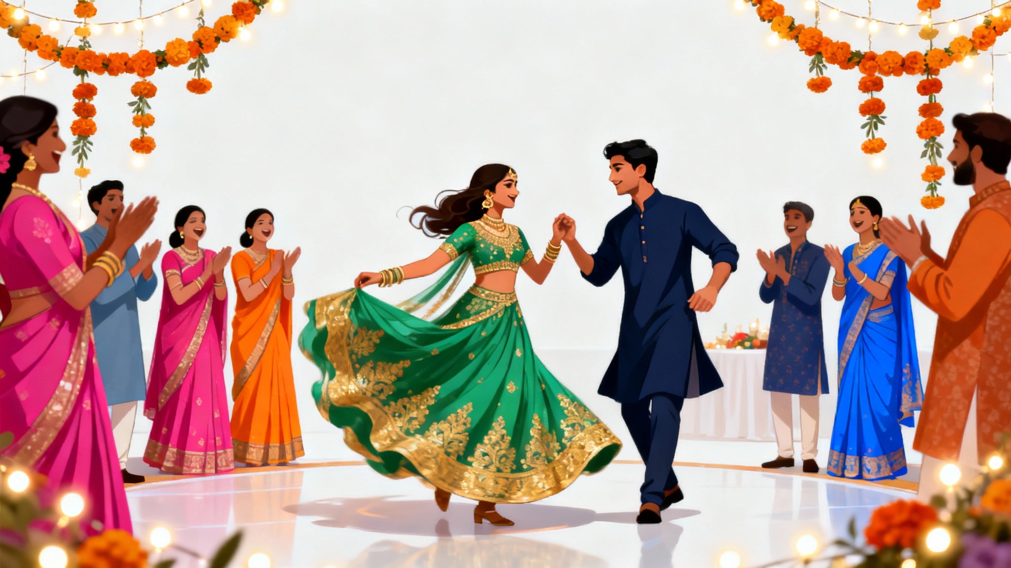 A colorful illustration of an Indian couple dancing at their Sangeet ceremony, surrounded by celebrating guests and festive decorations, on a clean white background.