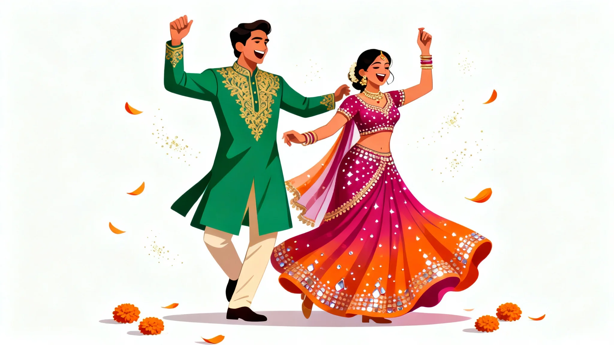 A modern vector illustration of an Indian couple in traditional festive attire, dancing joyfully at a Sangeet ceremony, set against a clean white background.