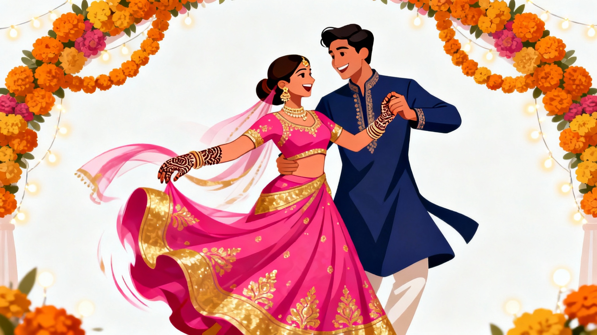 A vibrant digital illustration of a happy Indian couple, dressed in traditional attire, dancing at their Sangeet ceremony against a white background.