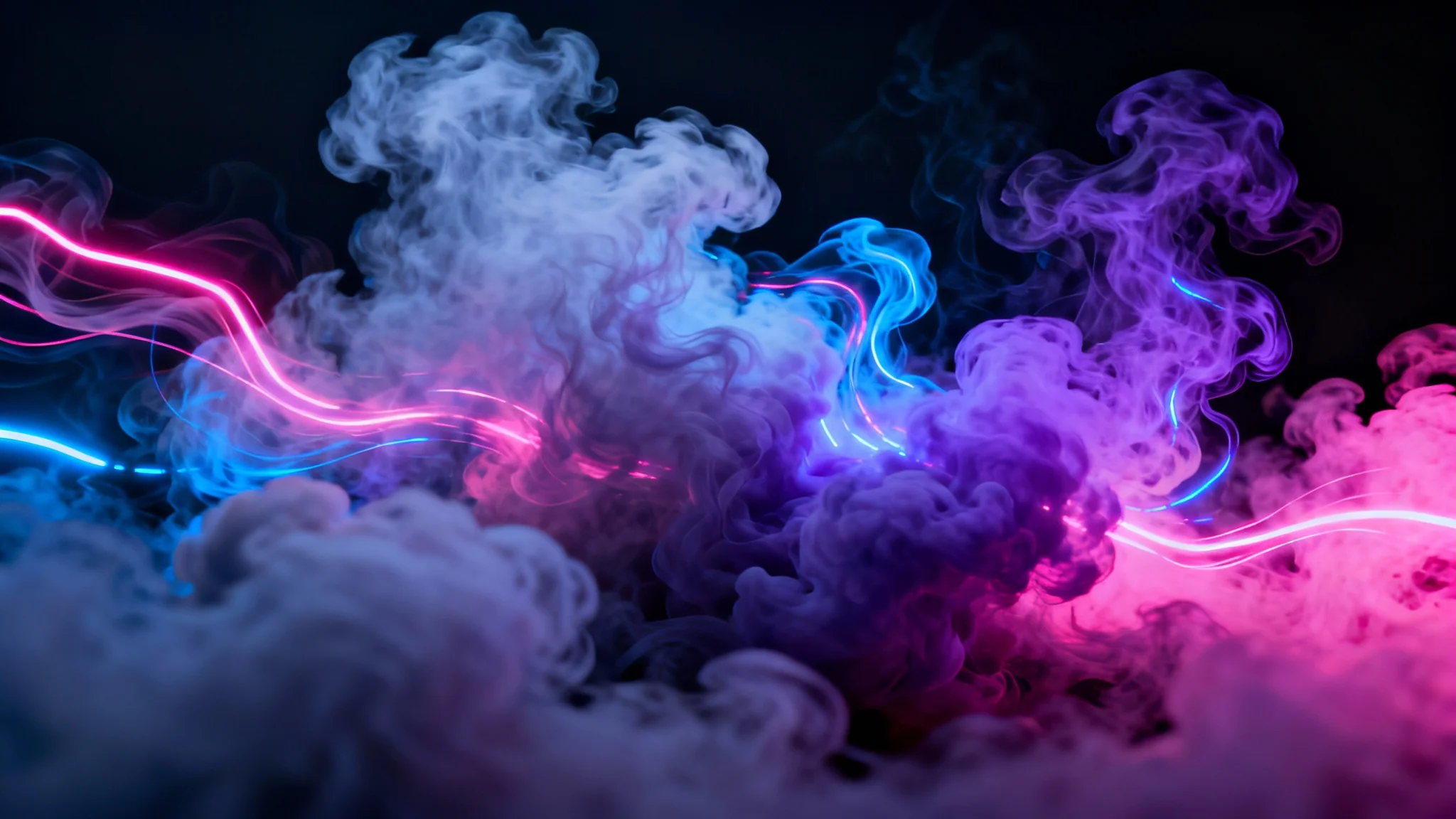 An abstract background of vibrant, swirling clouds of neon smoke in shades of pink, blue, and purple against a dark backdrop, creating a futuristic and energetic effect.