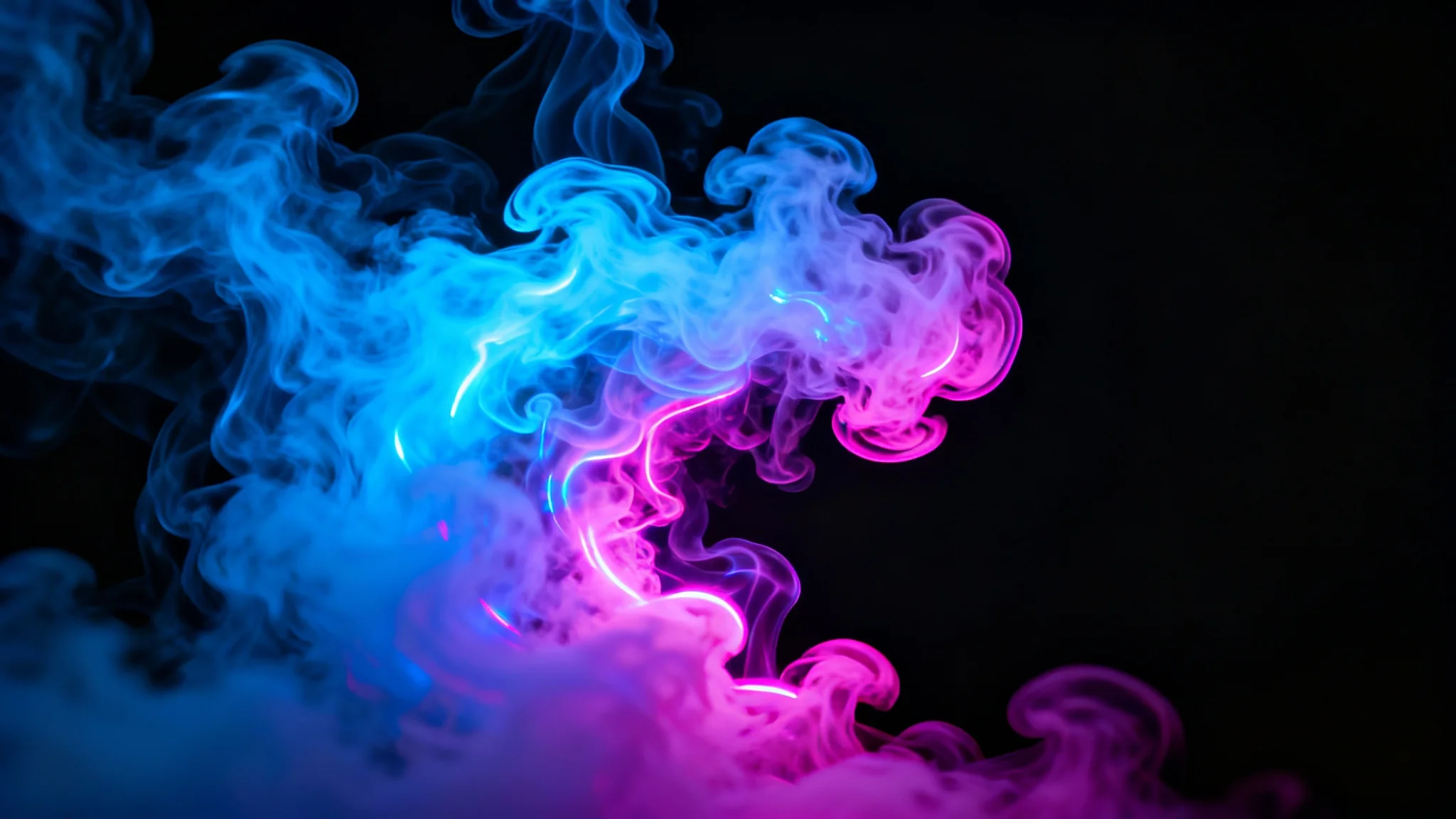 A vibrant, abstract image of swirling neon smoke in electric blue and magenta against a solid black background, creating a futuristic and energetic effect.