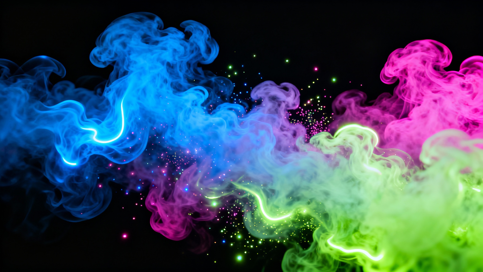 An abstract background image filled with swirling, voluminous clouds of neon smoke in vibrant blue, pink, and green, glowing against a black backdrop.