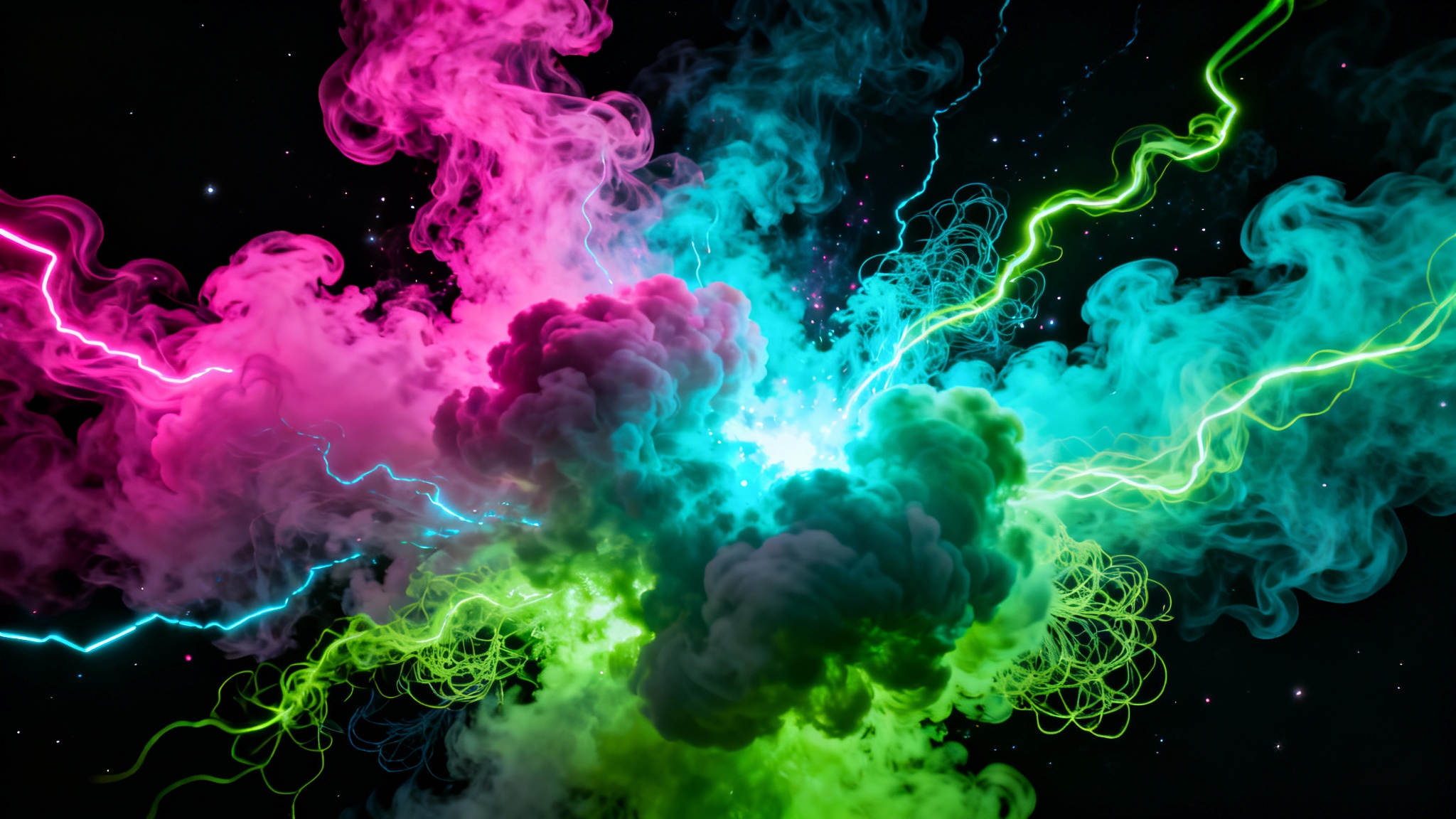 Vibrant, swirling clouds of neon pink and blue smoke glow against a dark background, creating a dynamic and abstract visual.