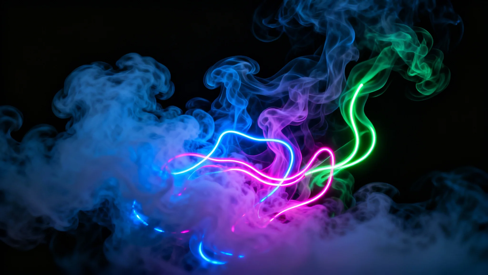 A dynamic and abstract image of vibrant neon smoke in blue and magenta swirling against a dark background, creating a futuristic and energetic visual effect.