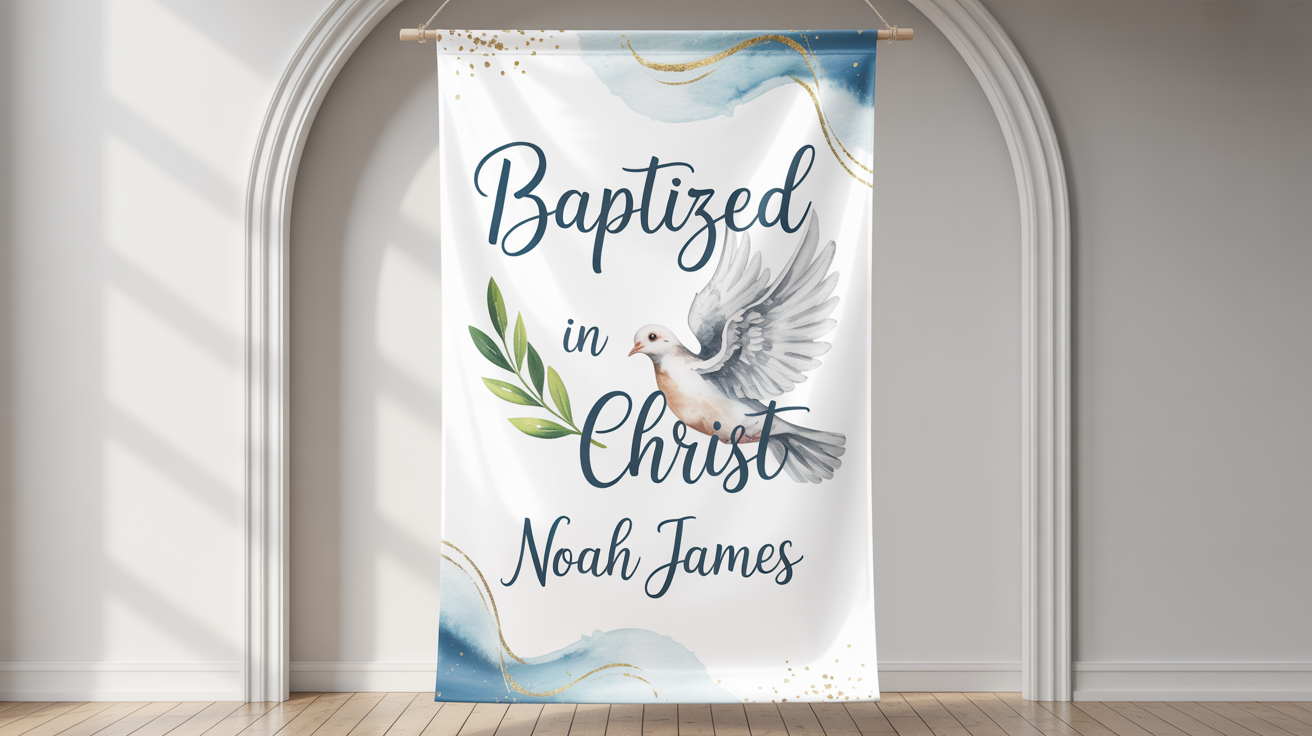 A professionally designed baptism banner for 'Noah James' featuring a watercolor dove and elegant gold text, displayed in a clean, celebratory setting.