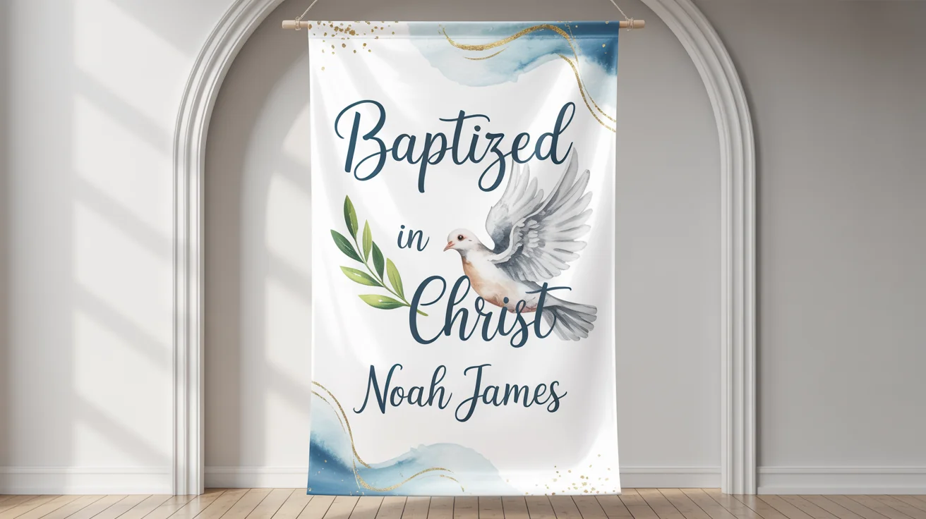 A professionally designed baptism banner for 'Noah James' featuring a watercolor dove and elegant gold text, displayed in a clean, celebratory setting.