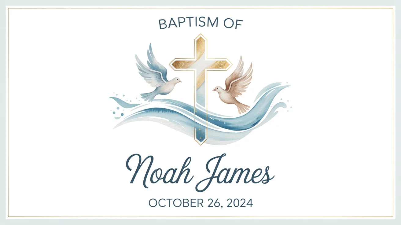 A mockup of a modern baptism banner for 'Noah James' dated 'October 26, 2024', featuring a gold cross, a dove, and water imagery on a white background.