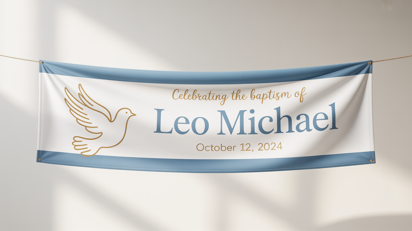 A modern, elegant baptism banner mockup laid on a white surface. The banner is blue, white, and gold, featuring a dove illustration and the text 'Celebrating the Baptism of Leo Michael, October 12, 2024'.
