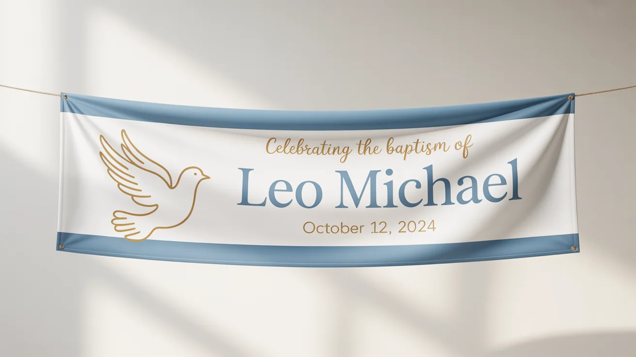 A modern, elegant baptism banner mockup laid on a white surface. The banner is blue, white, and gold, featuring a dove illustration and the text 'Celebrating the Baptism of Leo Michael, October 12, 2024'.