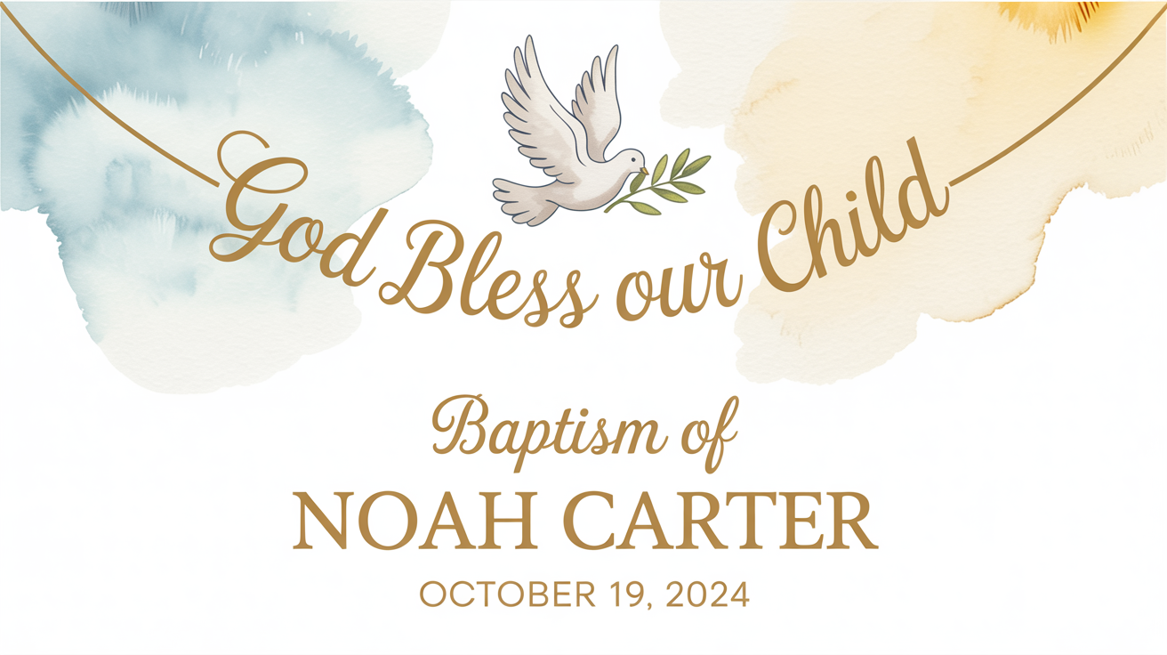A professionally designed baptism banner mockup for 'Noah Carter' dated 'October 19, 2024', featuring a white dove and elegant gold lettering on a light blue watercolor background.