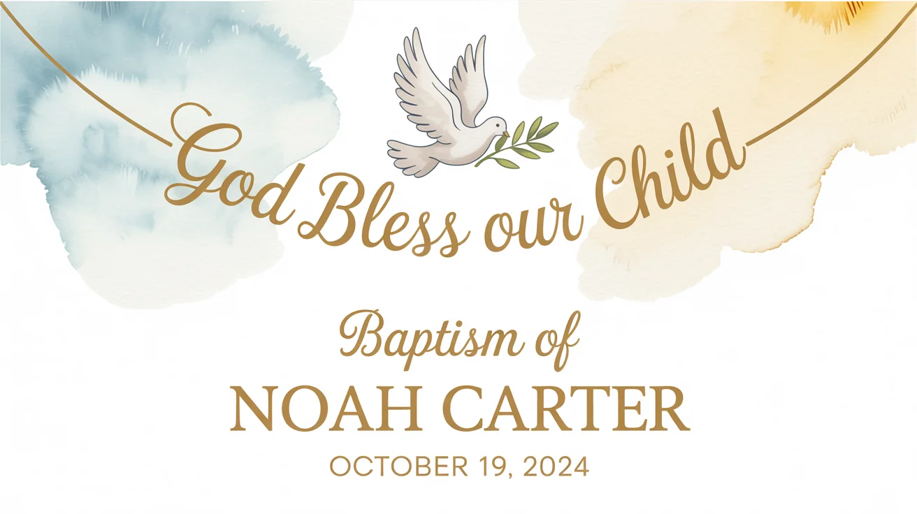 A professionally designed baptism banner mockup for 'Noah Carter' dated 'October 19, 2024', featuring a white dove and elegant gold lettering on a light blue watercolor background.
