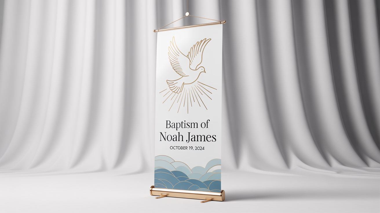 A mockup of a vertical baptism banner against a white background, featuring a white dove, golden light rays, and blue waves. The banner reads 'Baptism of Noah James' and the date 'October 19, 2024'.