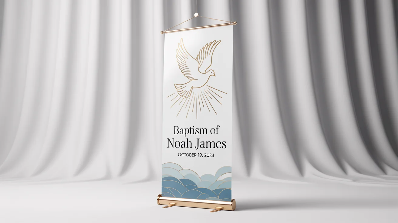 A mockup of a vertical baptism banner against a white background, featuring a white dove, golden light rays, and blue waves. The banner reads 'Baptism of Noah James' and the date 'October 19, 2024'.