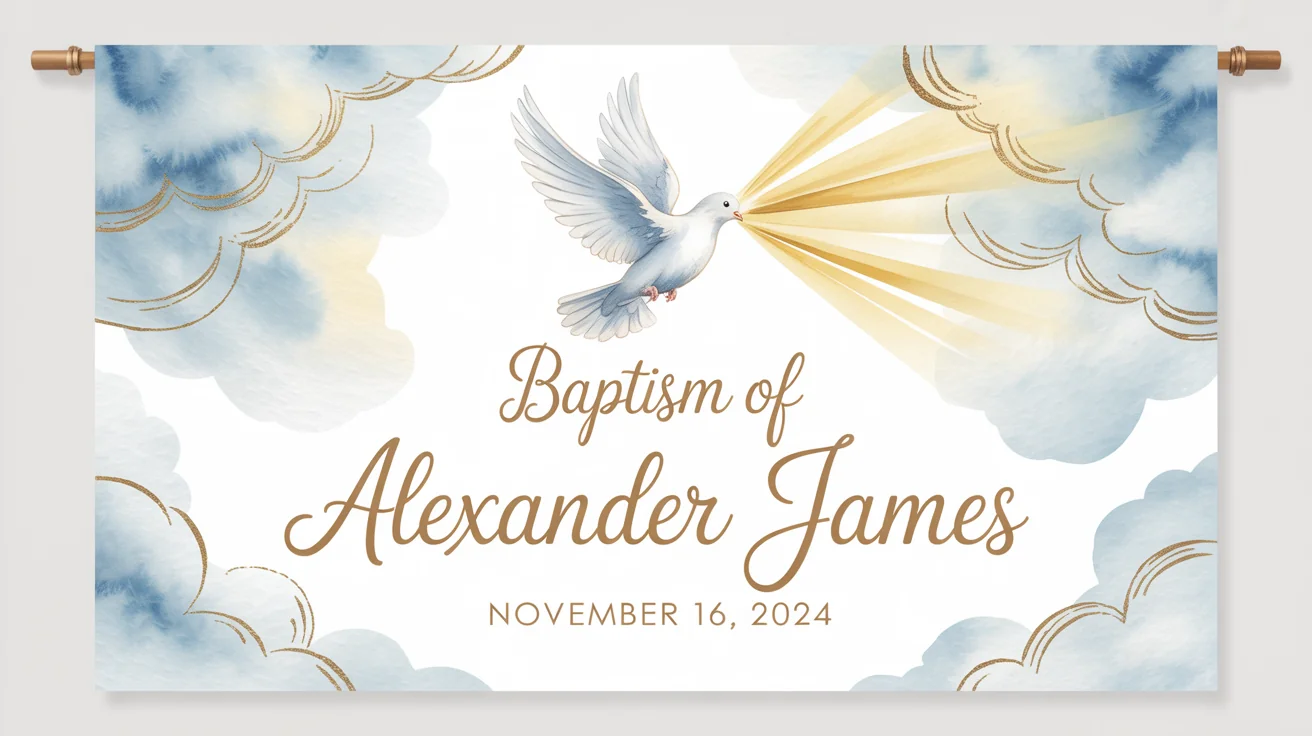 A professional mockup of a vertical baptism banner for 'Alexander James' dated 'November 16, 2024'. The design includes a white dove, golden light rays, and elegant text on a light blue watercolor background, shown against a clean white backdrop.