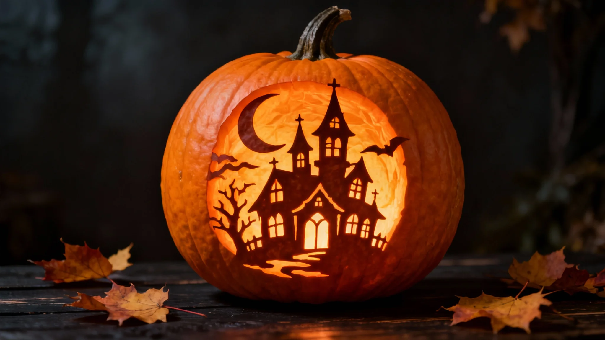 A close-up photo of a beautifully carved Halloween pumpkin with a haunted house design, glowing brightly in a dark, atmospheric setting.