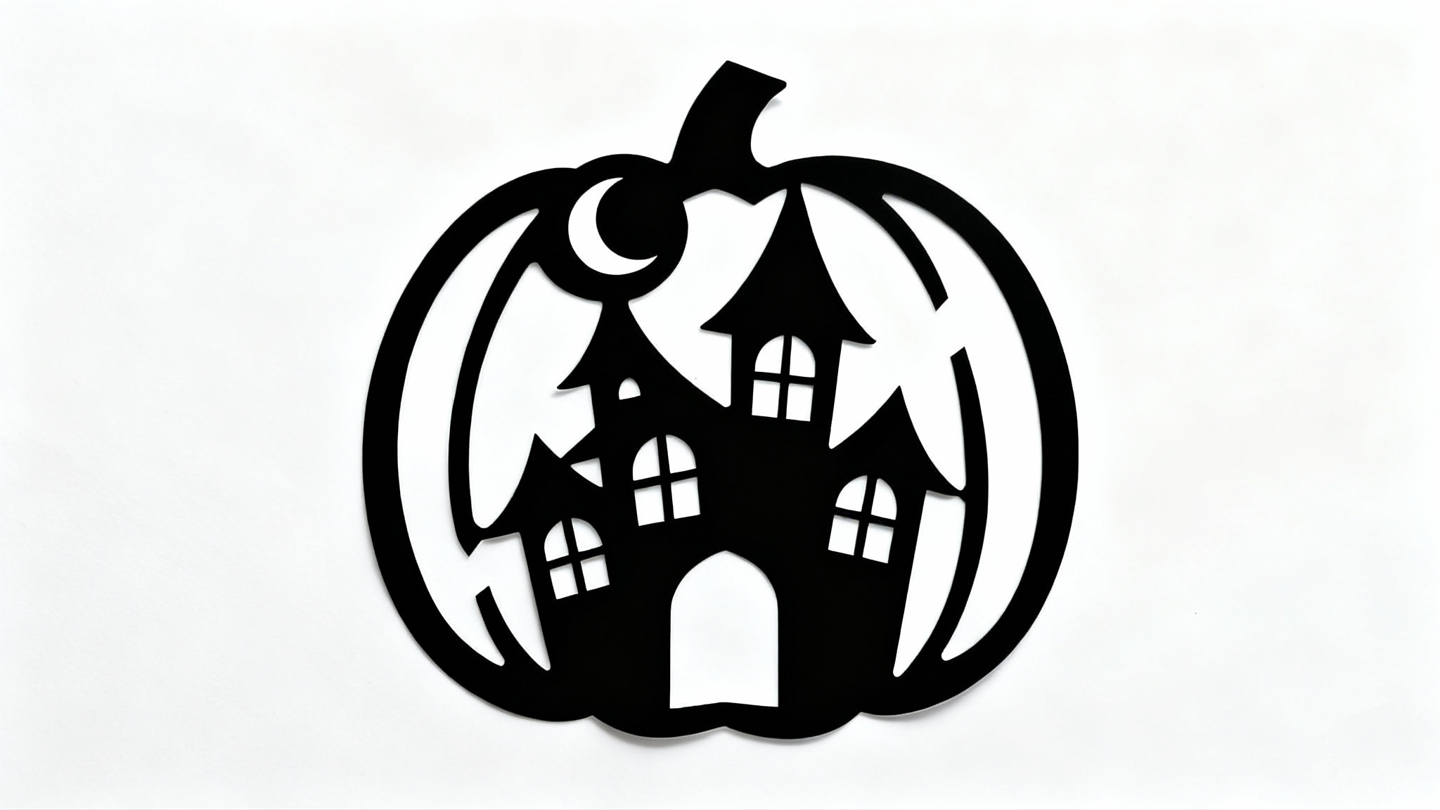 A black and white stencil for pumpkin carving, featuring a spooky haunted house design, laid flat on a white background.