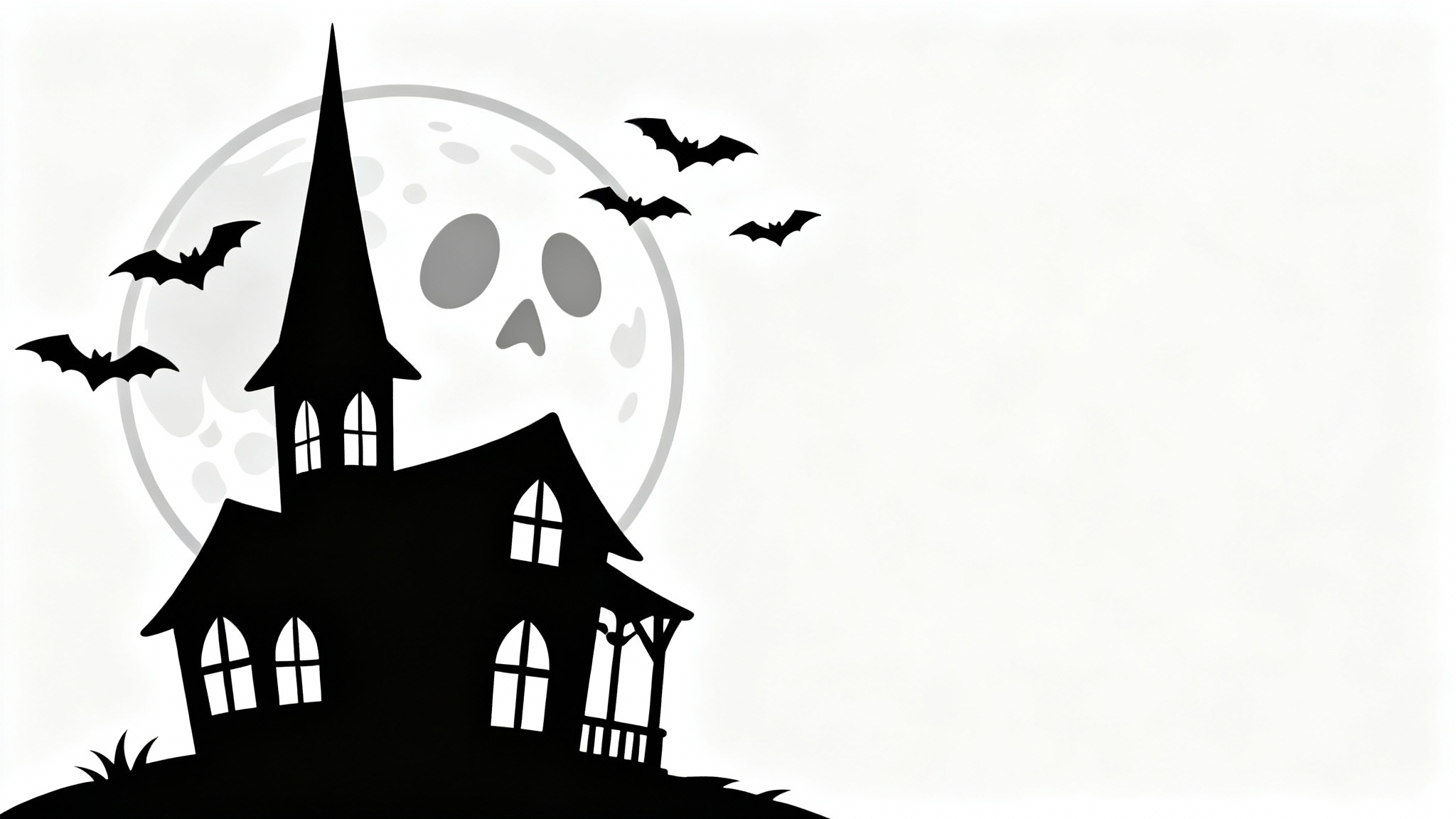 A black and white pumpkin carving stencil design of a spooky haunted house in front of a full moon, with bats flying around, on a solid white background.