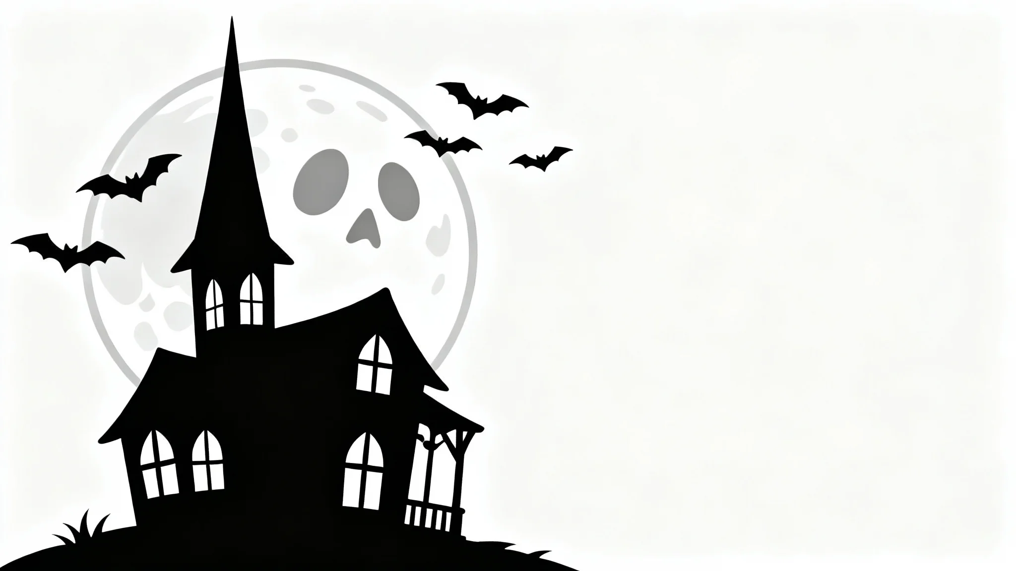 A black and white pumpkin carving stencil design of a spooky haunted house in front of a full moon, with bats flying around, on a solid white background.