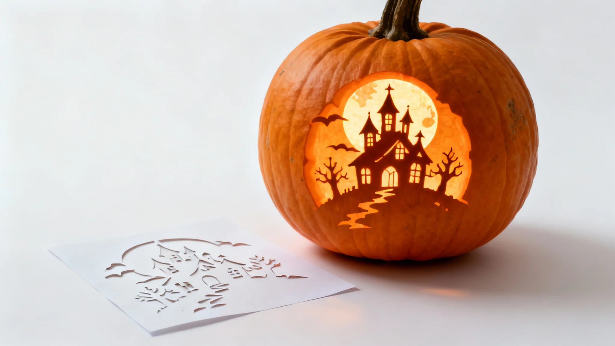 A professionally carved pumpkin featuring a haunted house design, glowing from within. The paper stencil for the design is placed next to it on a clean white background.