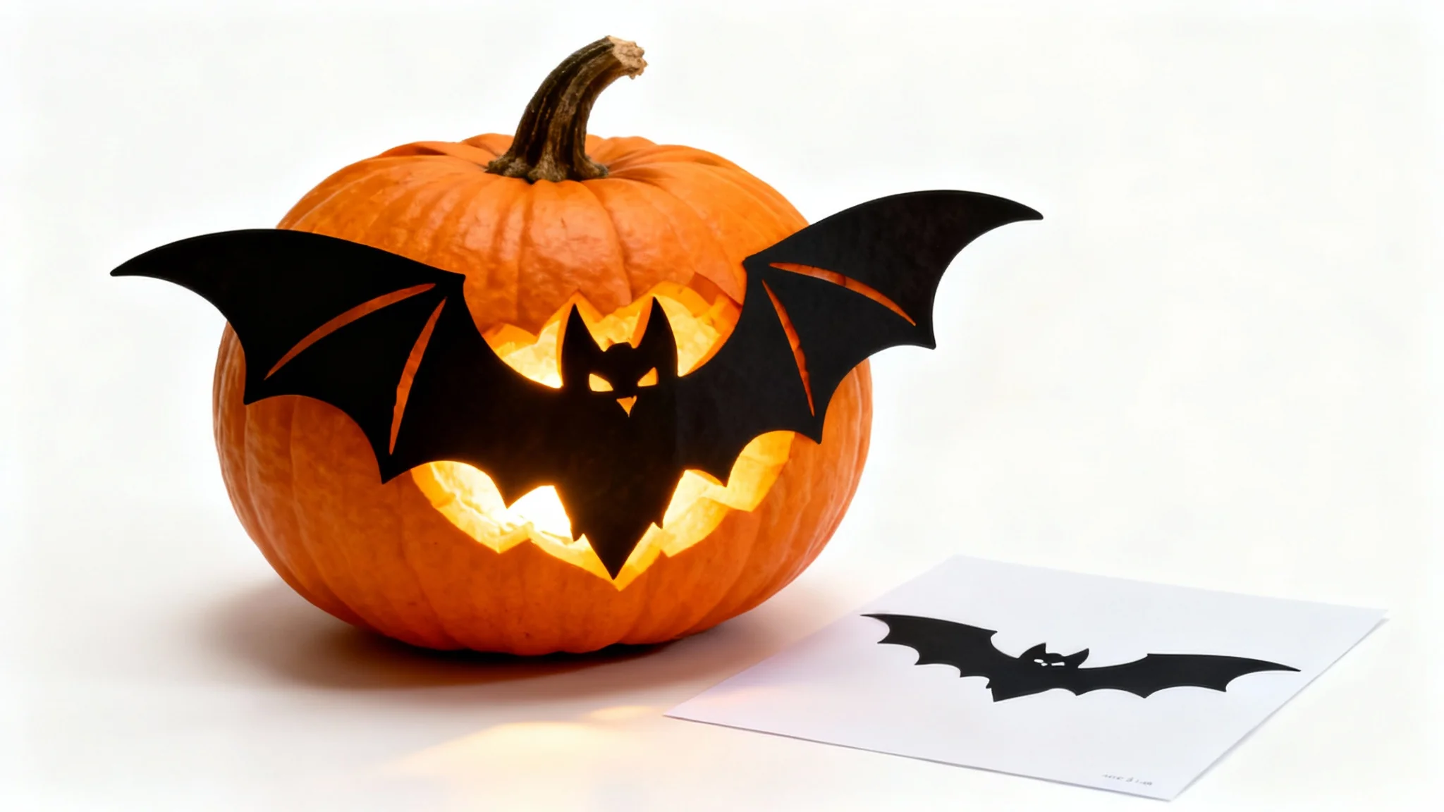 A photorealistic mockup showing a glowing, carved Halloween pumpkin with a bat design, placed next to the paper stencil used for the carving on a clean white background.