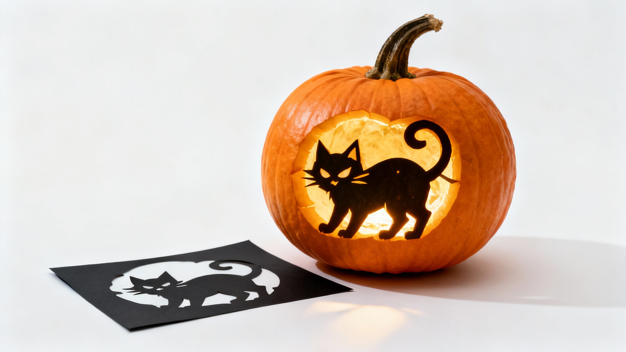 A carved pumpkin with a glowing cat face sits next to the black paper stencil used to create the design, all on a clean white background.