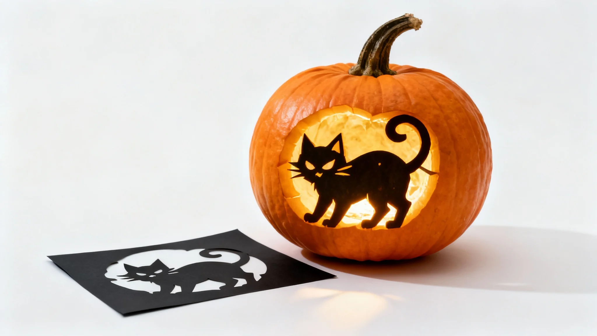 A carved pumpkin with a glowing cat face sits next to the black paper stencil used to create the design, all on a clean white background.