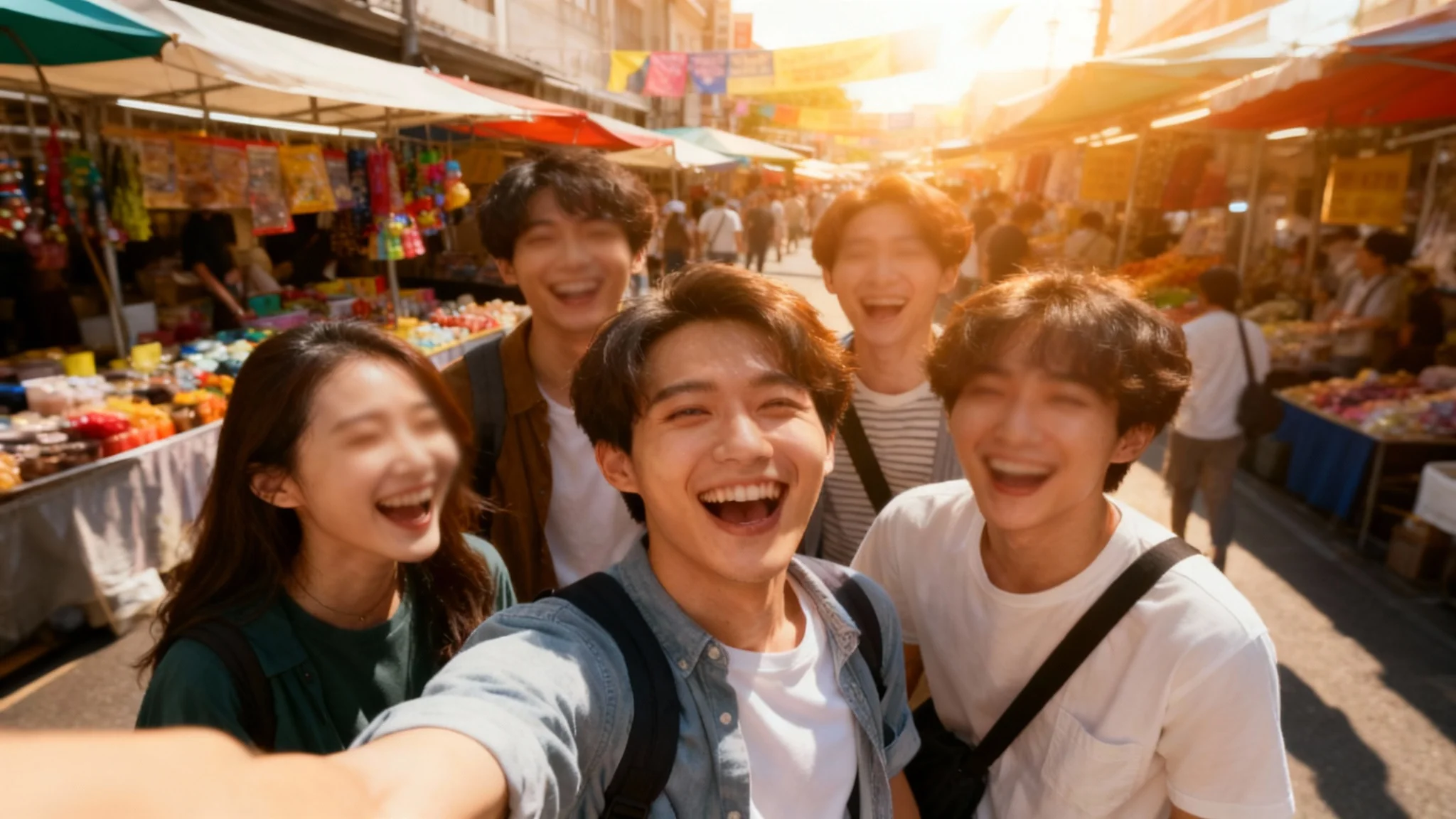 A high-quality photo of a group of friends at a street market, with their faces professionally blurred to protect their privacy, showcasing the result of a photo editing tool.
