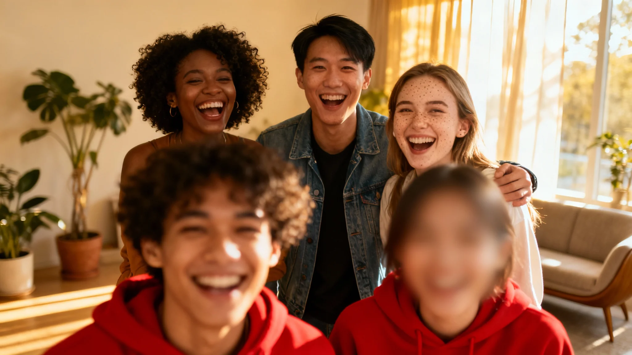 A photograph of four friends laughing together, with one person's face digitally blurred out for privacy while the other three remain in clear focus.