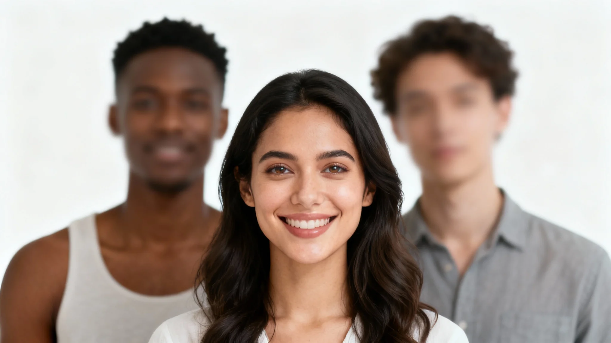 A photo of three smiling friends, where the face of the person in the middle is clear and in focus, while the faces of the two people on either side are digitally blurred for privacy.