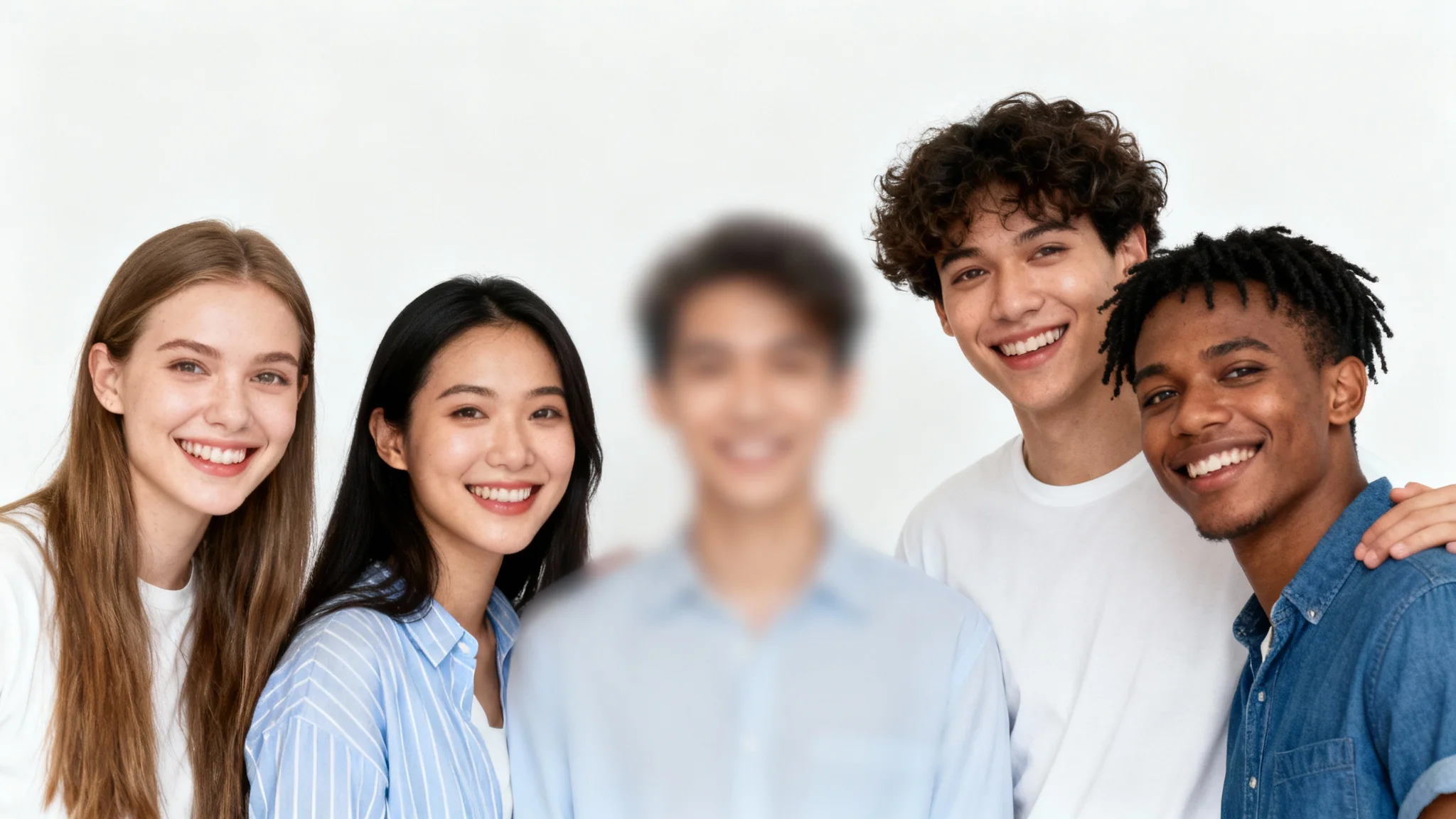 A group photo of four smiling friends against a white background, with the face of the person in the center blurred out for privacy.