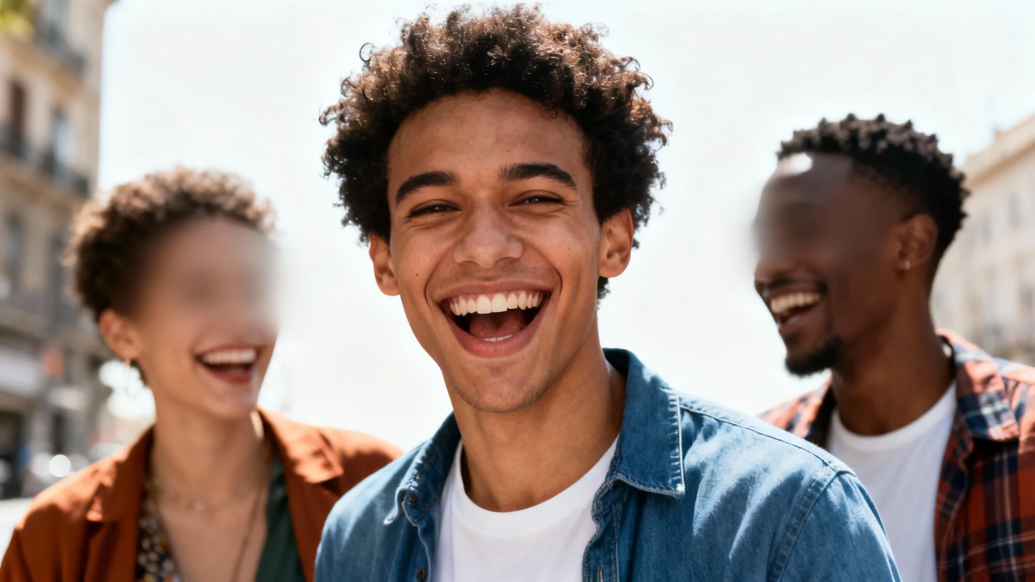 A photograph showing three friends on a city street. The face of the person in the middle is clear and in focus, while the faces of the other two are digitally blurred for anonymity.