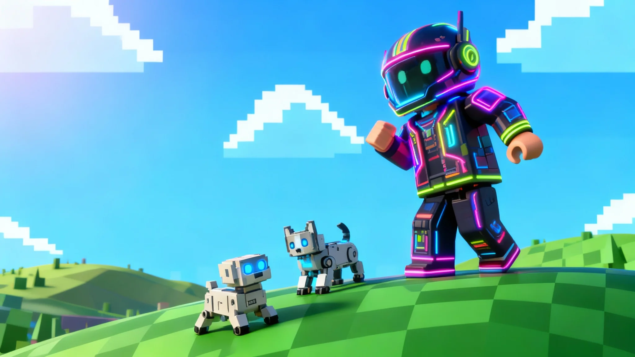 A fully designed Roblox character with a futuristic cyberpunk outfit stands in a dynamic pose in a colorful, blocky virtual world, accompanied by a small robotic pet.