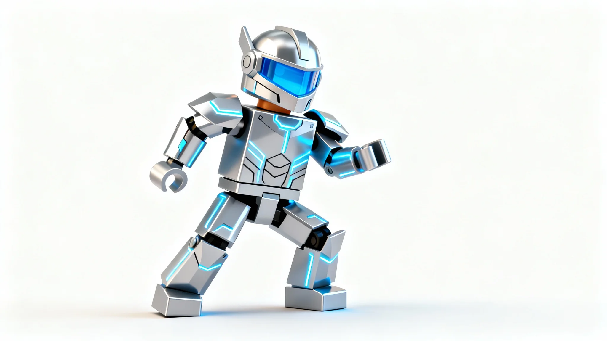 A 3D rendered Roblox character model wearing a futuristic silver knight skin with glowing blue accents, standing against a plain white background.