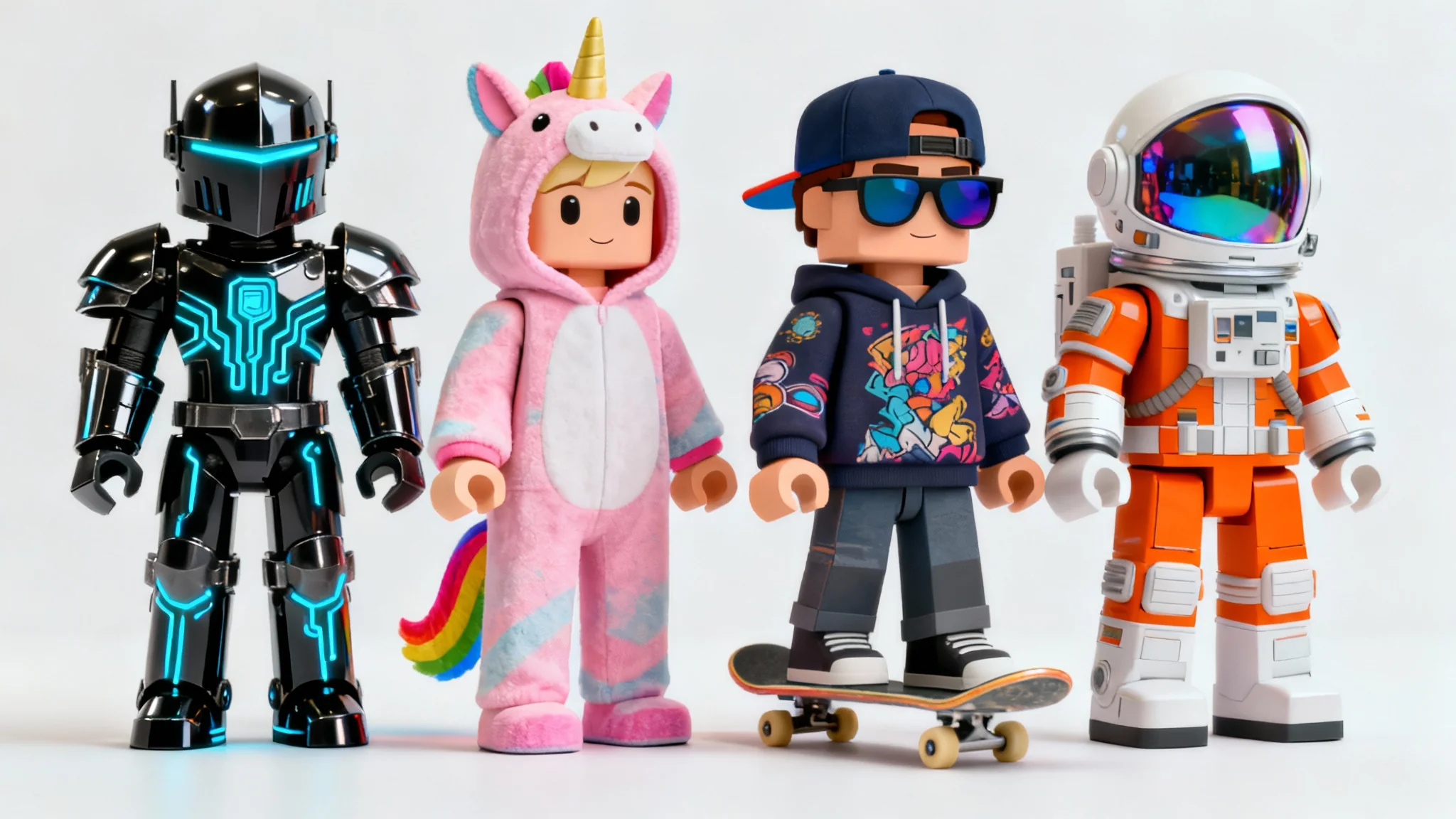 A lineup of four diverse, custom Roblox characters showcasing different skins, including a futuristic knight, a unicorn character, a skater, and an astronaut, all set against a plain white background.