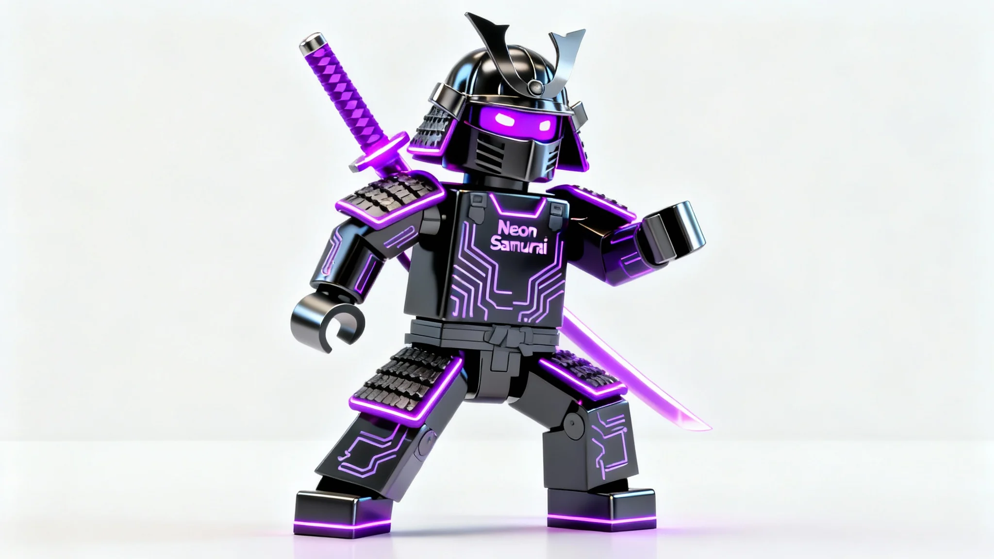 A 3D render of a blocky Roblox character model wearing a custom futuristic black samurai skin with glowing purple accents and a katana, posed against a plain white background.