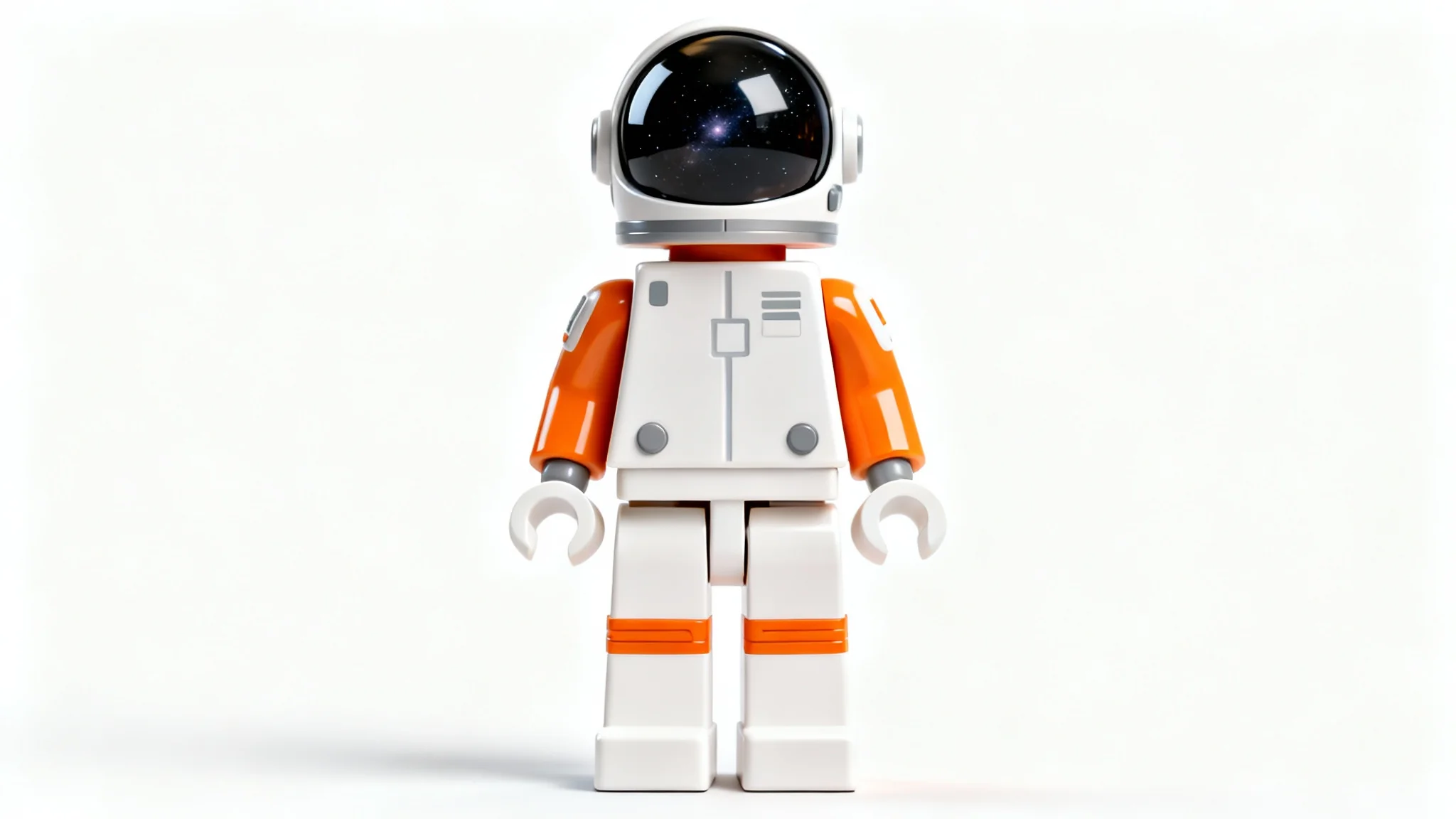 A 3D render of a Roblox character mockup wearing a futuristic white and orange space explorer skin with a reflective black helmet, standing against a solid white background.