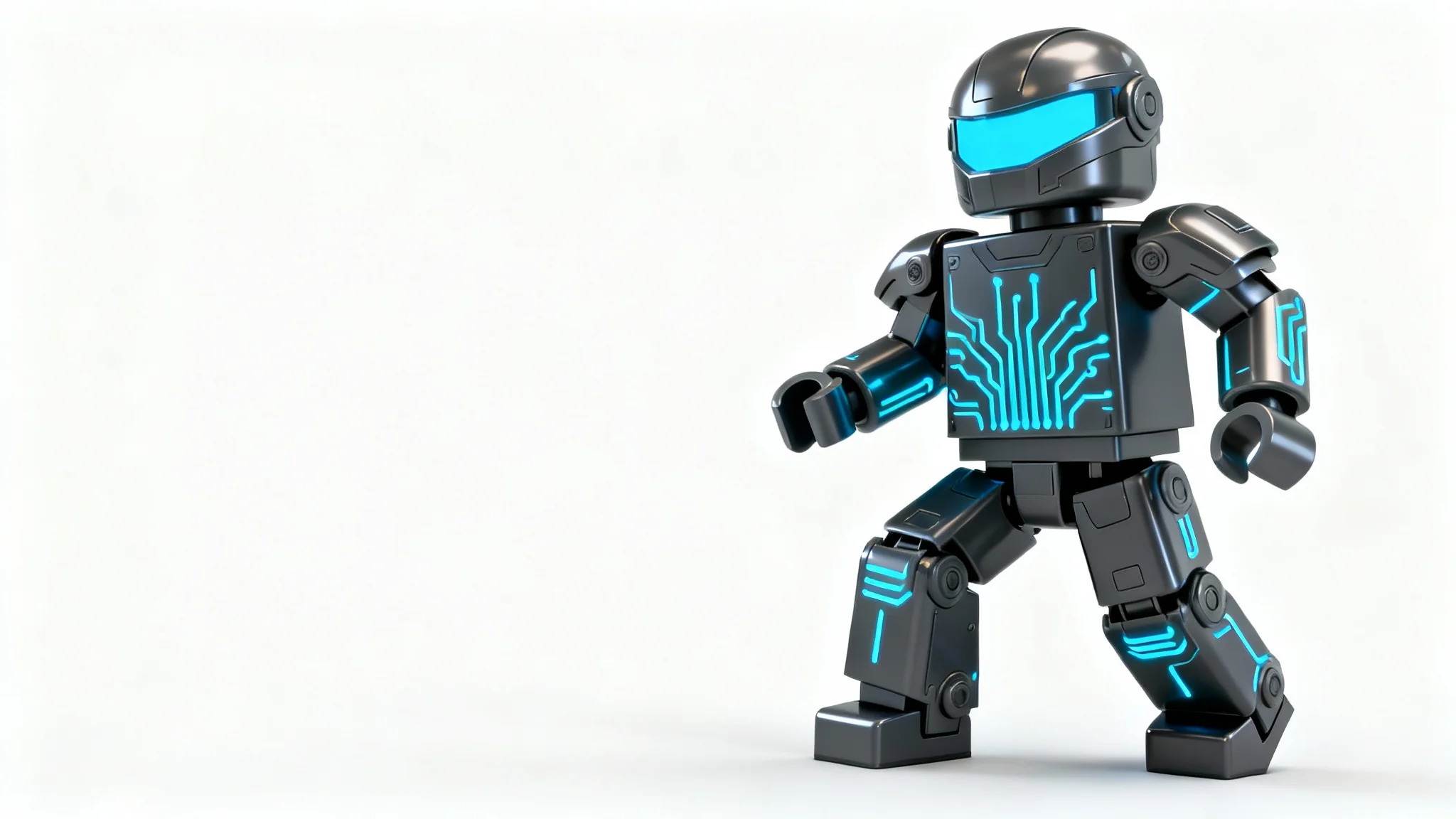 A 3D model of a blocky, Roblox-style avatar wearing a futuristic black and gray cyborg skin with glowing blue neon lines, standing against a white background.