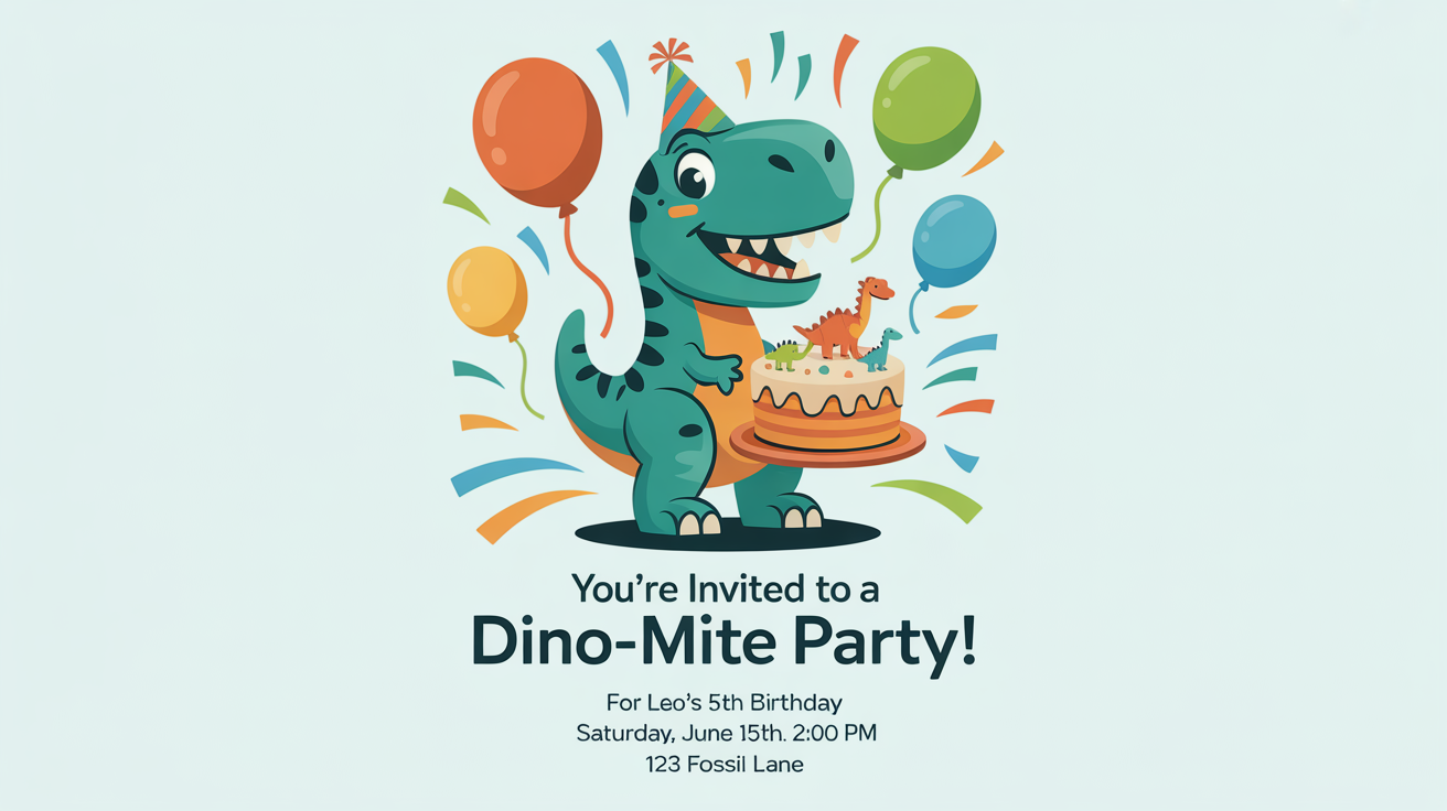 A finished dinosaur birthday invitation card featuring a cartoon T-Rex in a party hat holding a cake. The text on the invitation reads 'You're Invited to a Dino-Mite Party!' with placeholder details for a child's birthday.