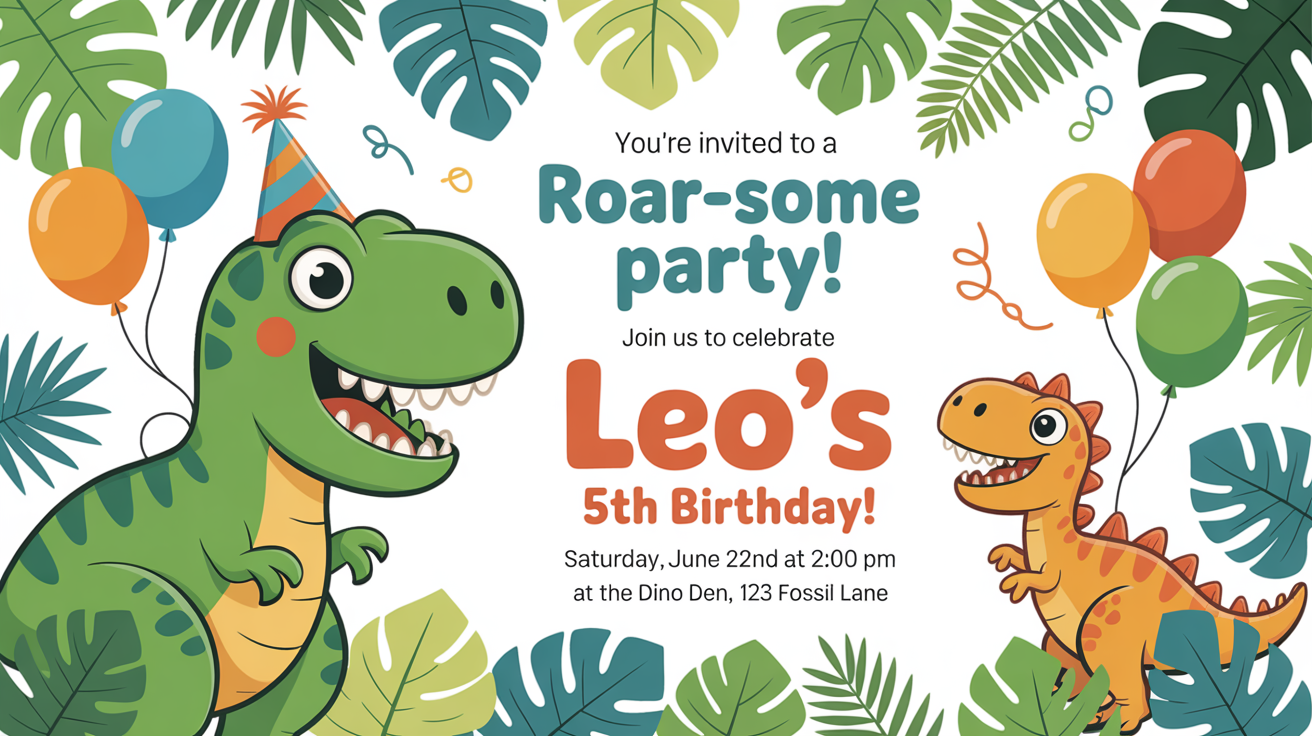A mockup of a children's dinosaur-themed birthday invitation against a white background. It features a cute green cartoon T-Rex in a party hat, jungle leaves, and balloons, with sample text for a 5th birthday party.