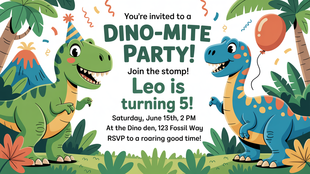 A colorful and fun dinosaur-themed birthday invitation mockup for a child named Leo. It features cartoon dinosaurs like a T-Rex in a party hat and event details.