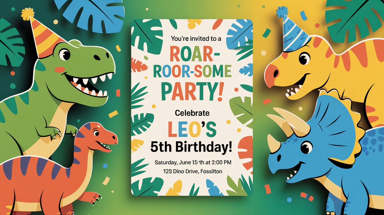 A cute, cartoon-style dinosaur birthday invitation for a child's party. The invitation for 'Leo's 5th Birthday' is surrounded by jungle leaves and confetti on a white background.