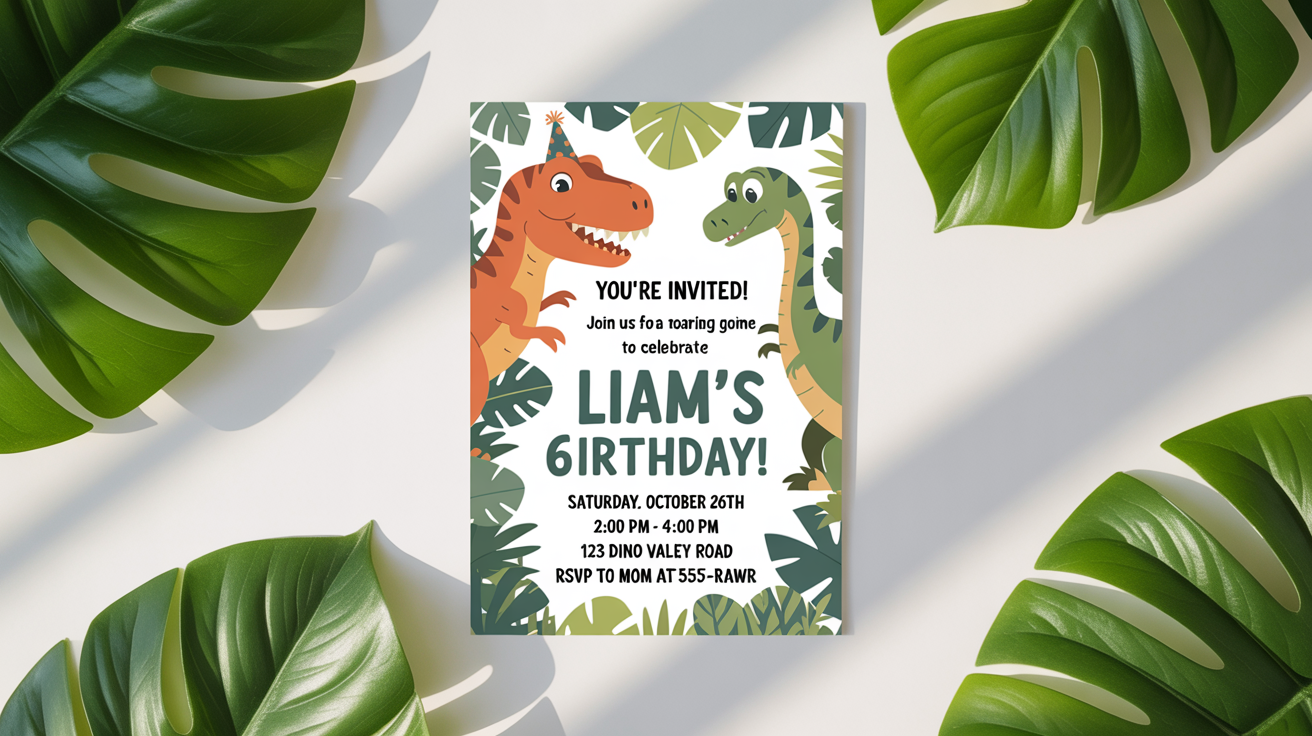 A colorful dinosaur birthday invitation mockup for a child's party. The invitation features cartoon dinosaurs, jungle leaves, and playful text reading 'You're Invited!' and 'Liam's 6th Birthday!', set against a plain white background.