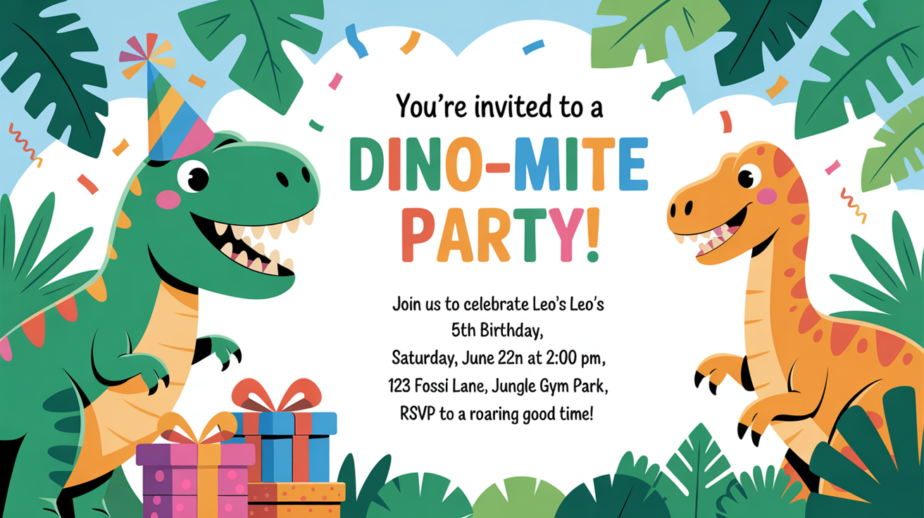 A cute and colorful dinosaur birthday invitation mockup on a white background, featuring a cartoon T-Rex in a party hat and legible party details.