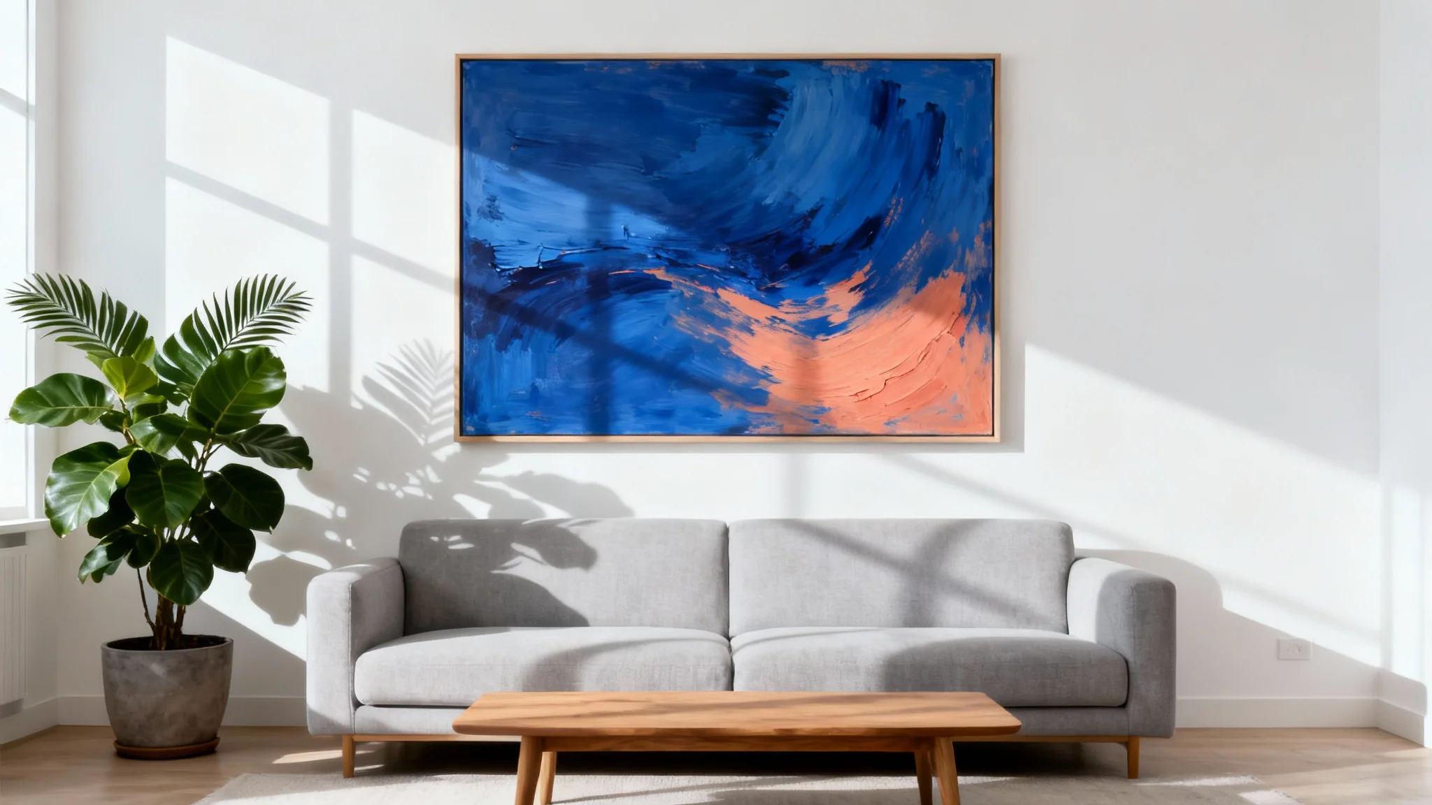 A photorealistic image of a modern living room showcasing a large abstract painting hanging on the wall, representing the final output of an art visualizer tool.
