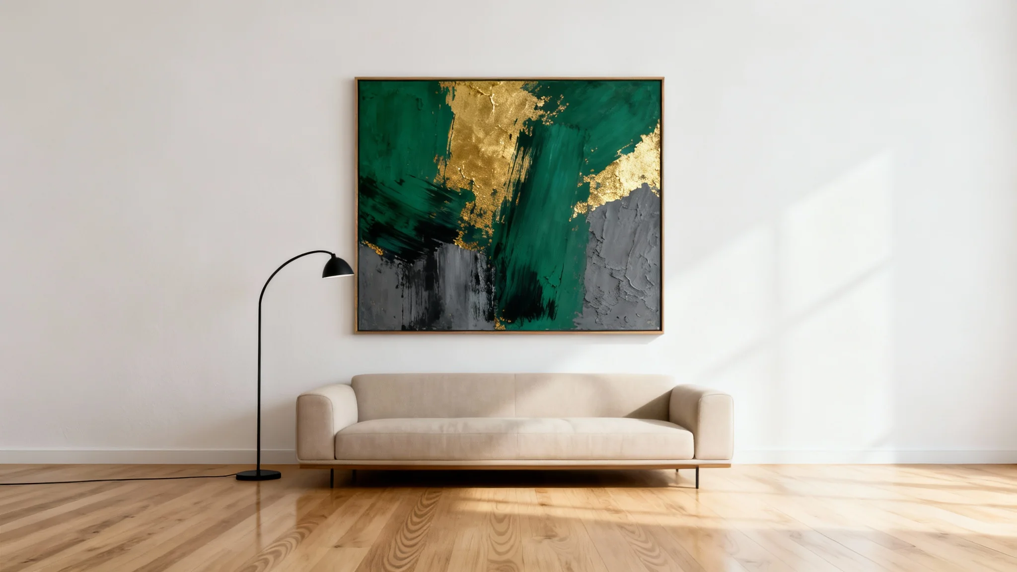 A photorealistic mockup of a modern living room showcasing a large abstract painting with green and gold accents hanging on a white wall above a beige sofa.